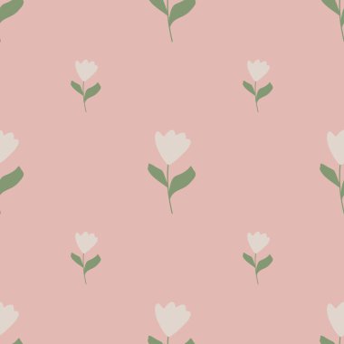 Basit lale çiçekleri şekilli, minimalist, pürüzsüz bir desen. Pembe ışık arka planı. Doodle tarzı. Kağıt ve kumaş dokuları için grafiksel tasarım. Vektör İllüstrasyonu.