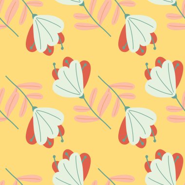 Basit çiçek süsüyle çizilmiş klasik el yapımı, pürüzsüz desen. Sarı arka plan. Albüm arkaplanı. Stok çizimi. Tekstil, kumaş, hediye paketi, duvar kağıtları için vektör tasarımı.