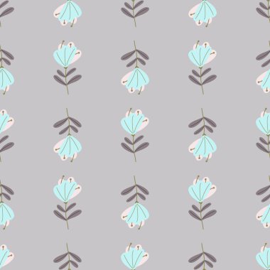 Açık mavi, basit çiçek elementleriyle yay, pürüzsüz desen. Soluk mor arka plan. Karalama baskısı. Stok çizimi. Tekstil, kumaş, hediye paketi, duvar kağıtları için vektör tasarımı.