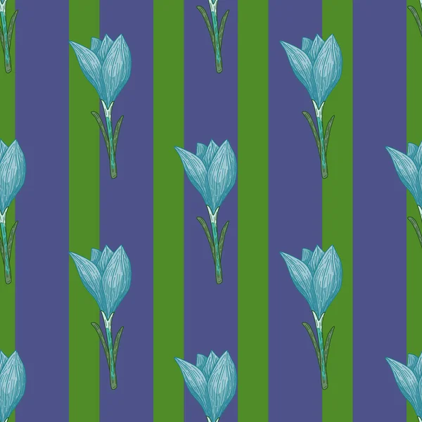 自然无缝的抽象风格图案 蓝色番红花的形状在窒息的绿色背景 季节性纺织品印花 背景色和墙纸的矢量图解 — 图库矢量图片