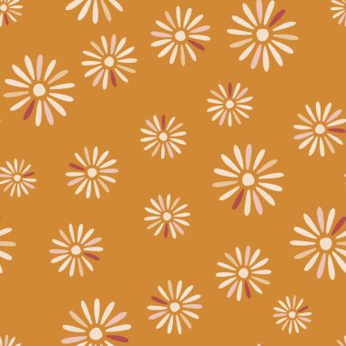 Rastgele beyaz soyut papatya iziyle botanik tarzında kusursuz bir desen. Turuncu arka plan. Kağıt ve kumaş dokuları için grafiksel tasarım. Vektör İllüstrasyonu.