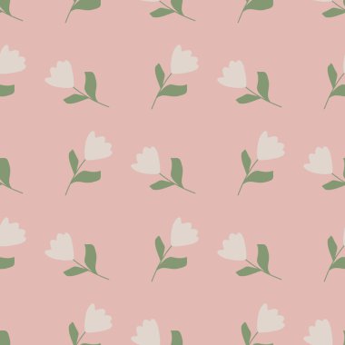 Pastel, yumuşak lale çiçekleri şeklinde pürüzsüz bir desen çizer. Pembe palet botanik doğası. Kağıt ve kumaş dokuları için grafiksel tasarım. Vektör İllüstrasyonu.