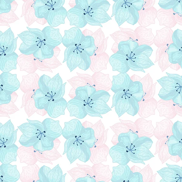 Блум Безшовний Візерунок Синіми Елементами Квітки Орхідея Білому Тлі Графічний — стоковий вектор