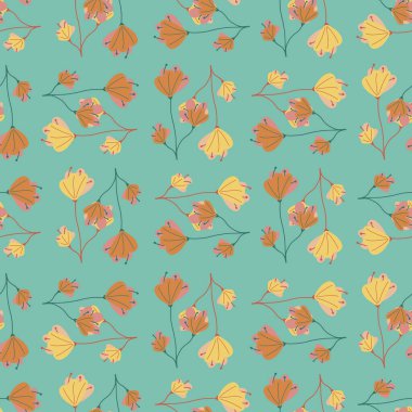 Turuncu ve sarı çiçekler kusursuz desen çizer. Botanik basit bir arkaplan. Mavi arka plan. Tekstil, kumaş, hediye paketi, duvar kağıtları için düz vektör baskısı. Sonsuz illüstrasyon.