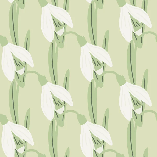 Weiße Galanthus Blühen Nahtlos Botanischem Stil Hellgrüner Hintergrund Sammelsurium Vektorillustration — Stockvektor