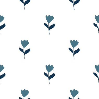 Mavi lale çiçeği süsüsüyle kusursuz desenli minimalist bir stil. Beyaz arka plan. İzole parmak izi. Kağıt ve kumaş dokuları için grafiksel tasarım. Vektör İllüstrasyonu.