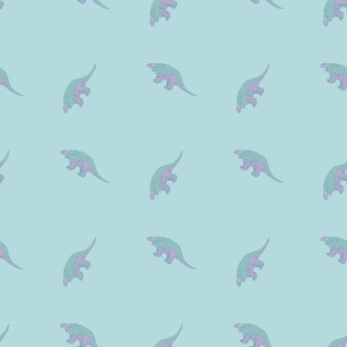 Mavi dinozor siluetleriyle geometrik şekilli, pürüzsüz desen. Hayvan izli el çizimleri. Stok çizimi. Tekstil, kumaş, hediye paketi, duvar kağıtları için vektör tasarımı.