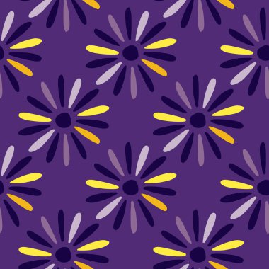 Soyut papatya çiçekleri süsüsüyle kusursuz bir desen oluşturun. Mor arka plan. Doodle tarzı. Kağıt ve kumaş dokuları için grafiksel tasarım. Vektör İllüstrasyonu.