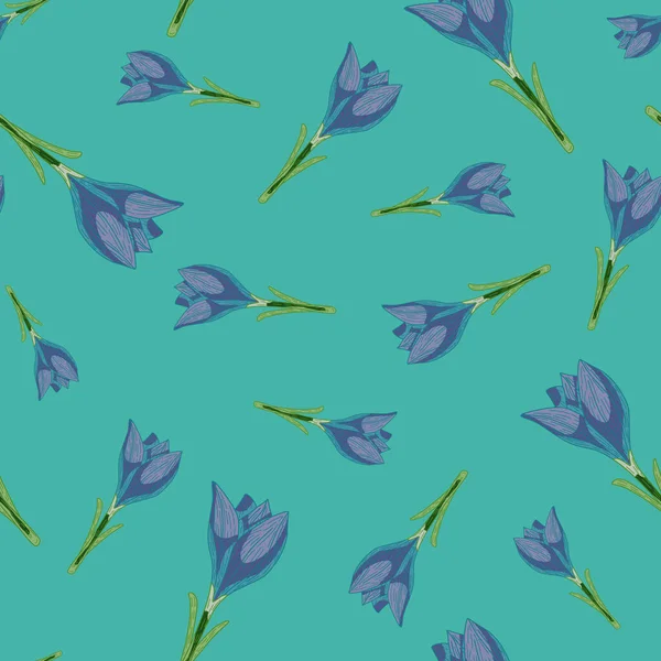 Willekeurige Blauwe Krokus Omlijnen Bloemen Elementen Naadloos Patroon Turkoois Achtergrond — Stockvector