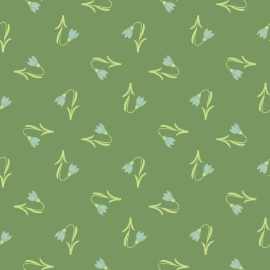 Mavi hareBell izli, karalama tarzında kusursuz bir desen. Yeşil arka plan. Çiçek dekoratif şekiller. Tekstil, kumaş, hediye paketi, duvar kağıtları için düz vektör baskısı. Sonsuz illüstrasyon.