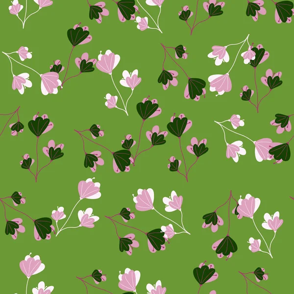 Lilas Fleurs Vertes Aléatoires Gribouiller Motif Sans Couture Impression Botanique — Image vectorielle