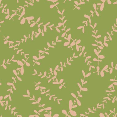 Rastgele pastel pembe okaliptüs dalları iz bırakır. Yeşil arka plan. Tesadüfi bitkisel süs. Kağıt ve kumaş dokuları için grafiksel tasarım. Vektör İllüstrasyonu.
