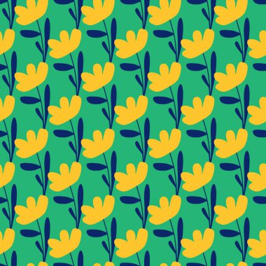 Parlak sarı soyut çiçekler kusursuz desenleri şekillendirir. Turkuaz parlak arka plan. Yaz sezonu. Kağıt ve kumaş dokuları için grafiksel tasarım. Vektör İllüstrasyonu.