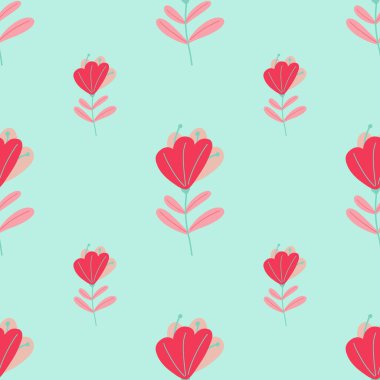 Pembe soyut çiçek süsüsüyle kusursuz desenli minimalist bir stil. Mavi arka plan. Stok çizimi. Tekstil, kumaş, hediye paketi, duvar kağıtları için vektör tasarımı.