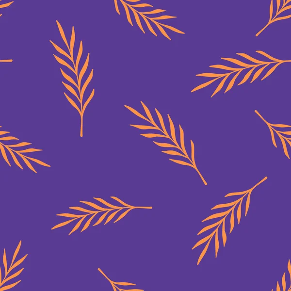 Parlak turuncu yaprak dalları dikişsiz karalama deseni. Mor arka plan. Soyut baskı. Stok çizimi. Tekstil, kumaş, hediye paketi, duvar kağıtları için vektör tasarımı.
