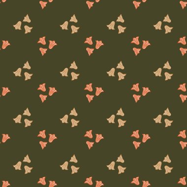 Pink doodle bellflowers seamless pattern in botany floral style. Green dark olive background. Vector illustration for seasonal textile prints, fabric, banners, backdrops and wallpapers.