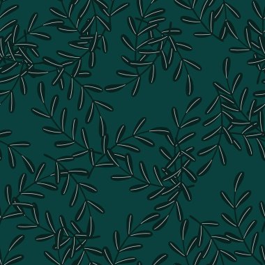 Black random herbal twigs seamless pattern in hand drawn style. Turquoise dark background. Scrapbook print. Graphic design for wrapping paper and fabric textures. Vector Illustration.