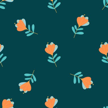 Vintage botanic seamless pattern with orange abstract flowers elements print. Navy blue background. Stock illustration. Vector design for textile, fabric, giftwrap, wallpapers.