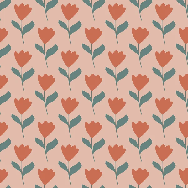 Pale Red Simple Tulip Flowers Silhouettes Seamless Pattern Doodle Style —  Vetores de Stock