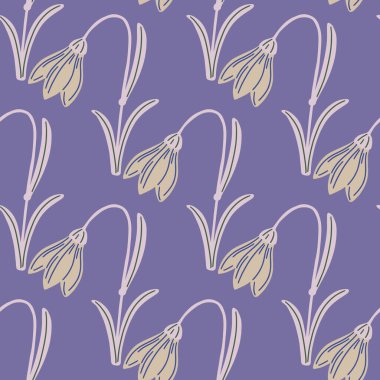 Süssüz desen ve şekillendirilmiş karalama BlueBell baskısı. Mor renkli arka plan. Basit bir tarz. Tekstil, kumaş, hediye paketi, duvar kağıtları için düz vektör baskısı. Sonsuz illüstrasyon.