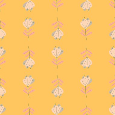 Beyaz, soyut çiçek süsüsüyle çizilmiş klasik, dikişsiz el çizimi. Sarı pastel arka plan. Stok çizimi. Tekstil, kumaş, hediye paketi, duvar kağıtları için vektör tasarımı.