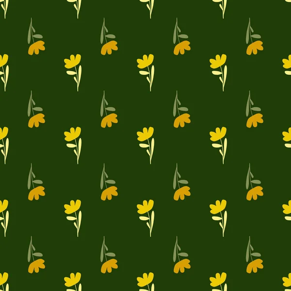黄色の明るい装飾花のシルエットシームレスなパターン 緑の背景 花を背景に 包装紙や布のテクスチャのためのグラフィックデザイン ベクターイラスト — ストックベクタ