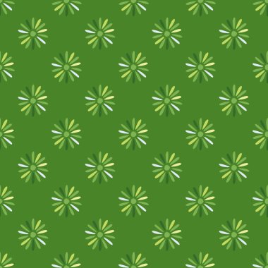 Saha doğası, geometrik çukur çiçek şekilli kusursuz desen süs eşyası. Parlak yeşil arka plan. Stok çizimi. Tekstil, kumaş, hediye paketi, duvar kağıtları için vektör tasarımı.