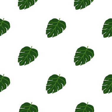 Yeşil karalama tropik canavar siluetleriyle izole botanik kusursuz desen. Beyaz arka plan. Kağıt ve kumaş dokuları için grafiksel tasarım. Vektör İllüstrasyonu.