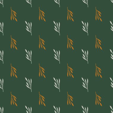 Mavi ve turuncu renkli yaprak siluetleri dikişsiz karalama desenleri. Yeşil arka plan. Basit bir tarz. Mevsimlik tekstil baskıları, kumaş, afişler, arkaplanlar ve duvar kağıtları için vektör illüstrasyonu.