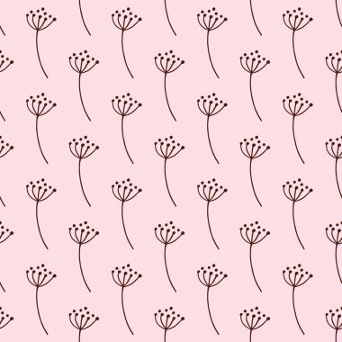 Kestane rengi soyut karahindiba çiçekleri kusursuz desenli süslemeler. Pastel pembe arka plan. Mevsimlik tekstil baskıları, kumaş, afişler, arkaplanlar ve duvar kağıtları için vektör illüstrasyonu.