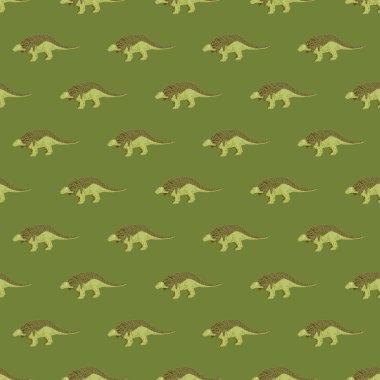 Ankylosaurs elementlerinin yazılı olduğu derlemeli derlemesiz hayvan deseni. Yeşil arka plan. Dekoratif baskı. Stok çizimi. Tekstil, kumaş, hediye paketi, duvar kağıtları için vektör tasarımı.