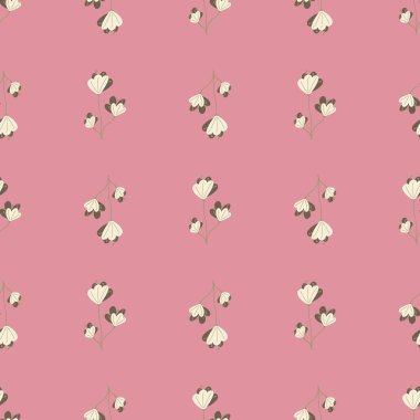 Elle çizilmiş saf çiçek siluetleri pürüzsüz desenler. Pembe arka plan. Doğa karalama baskısı. Tekstil, kumaş, hediye paketi, duvar kağıtları için düz vektör baskısı. Sonsuz illüstrasyon.