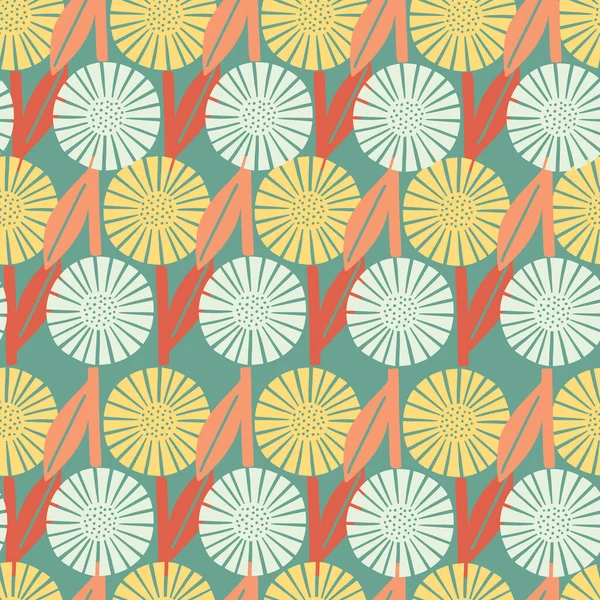 Nahtloses Muster Mit Gelben Und Blauen Doodle Blüten Türkiser Hintergrund — Stockvektor