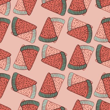 Pastel tonları, karpuz dilimli dutsuz karpuz deseni. Pembe soluk arkaplan. Kağıt ve kumaş dokuları için grafiksel tasarım. Vektör İllüstrasyonu.