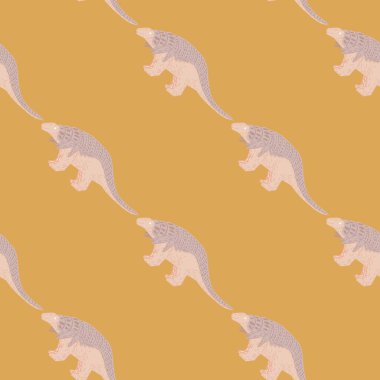 Pastel pembe ankylosaurs çocuk tarzında kusursuz bir desen çizmiş. Turuncu arka plan. Vahşi yaşam tarzı. Stok çizimi. Tekstil, kumaş, hediye paketi, duvar kağıtları için vektör tasarımı.