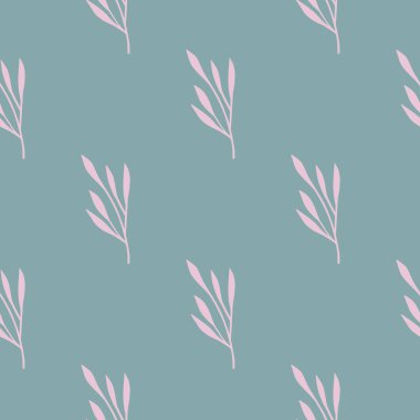 Yapraklı pembe siluetler, elle çizilmiş şekillerde kusursuz desenler. Mavi pastel arka plan. Mevsimlik tekstil baskıları, kumaş, afişler, arkaplanlar ve duvar kağıtları için vektör illüstrasyonu.