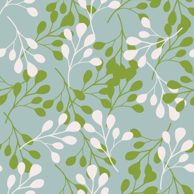 Yeşil ve beyaz okaliptüs şekilli doğal organik desen iz bırakır. Mavi arka plan. Kumaş tasarımı, tekstil baskısı, ambalaj ve kapak için tasarlandı. Vektör illüstrasyonu.
