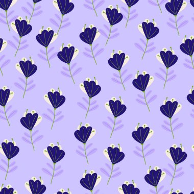 Karşıtlık olarak lacivert karalama çiçekleri pürüzsüz desen oluşturur. Albüm baskısı. Açık mavi arkaplan. Stok çizimi. Tekstil, kumaş, hediye paketi, duvar kağıtları için vektör tasarımı.