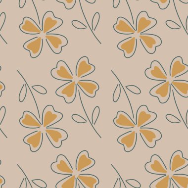 Basit bir şekilde turuncu dört yapraklı yonca deseni çiz. Soluk leylak arkaplan. Basit bir parmak izi. Mevsimlik tekstil baskıları, kumaş, afişler, arkaplanlar ve duvar kağıtları için vektör illüstrasyonu.