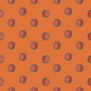 Yaratıcı küçük pembe karpuz elementleri kusursuz karalama deseni. Turuncu arka plan. Çilek izi. Tekstil, kumaş, hediye paketi, duvar kağıtları için düz vektör baskısı. Sonsuz illüstrasyon.