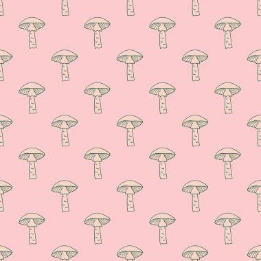 Yeşil şekilli mantarlar kusursuz desenler oluşturur. Pembe arka plan. Kara orman elementleri. Soyut stil. Kağıt ve kumaş dokuları için grafiksel tasarım. Vektör İllüstrasyonu.