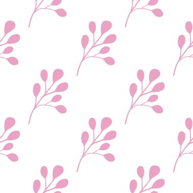 İzole edilmiş, pürüzsüz, pembe okaliptüs yapraklı el izi. Beyaz arka plan. Kumaş tasarımı, tekstil baskısı, ambalaj ve kapak için tasarlandı. Vektör illüstrasyonu.