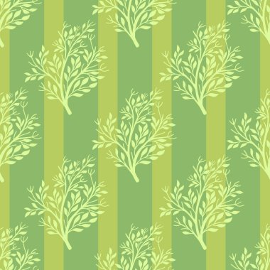 Ağaç silueti şekilli, organik, pürüzsüz bir orman deseni. Yeşil çizgili arka plan. Stok çizimi. Tekstil, kumaş, hediye paketi, duvar kağıtları için vektör tasarımı.