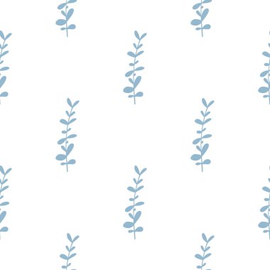 Karalama okaliptüs mavi siluetlerle izole edilmiş dikişsiz botanik deseni. İzole bitki dalları şekilleri. Mevsimlik tekstil baskıları, kumaş, afişler, arkaplanlar ve duvar kağıtları için vektör illüstrasyonu.