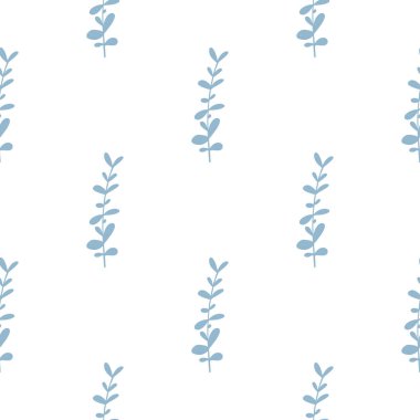 Isolated seamless botanic pattern with doodle eucalyptus blue silhouettes. Isolated herbal branches shapes. Vector illustration for seasonal textile prints, fabric, banners, backdrops and wallpapers. clipart