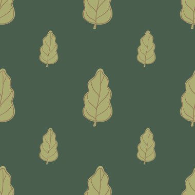 Basit meşe yaprakları şekilli, dikişsiz yaprak deseni. Yeşil zeytin arka planı. Mevsimlik tekstil baskıları, kumaş, afişler, arkaplanlar ve duvar kağıtları için vektör illüstrasyonu.