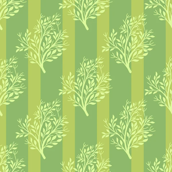 Ağaç silueti şekilli, organik, pürüzsüz bir orman deseni. Yeşil çizgili arka plan. Stok çizimi. Tekstil, kumaş, hediye paketi, duvar kağıtları için vektör tasarımı.