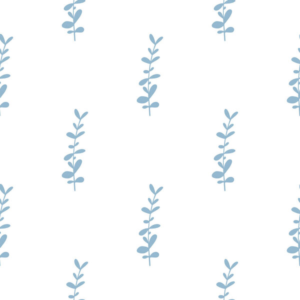 Isolated seamless botanic pattern with doodle eucalyptus blue silhouettes. Isolated herbal branches shapes. Vector illustration for seasonal textile prints, fabric, banners, backdrops and wallpapers.