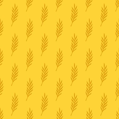 Portakal yapraklarının şekillendiği botanik desensiz desen. Sarı parlak arka plan. Stok çizimi. Tekstil, kumaş, hediye paketi, duvar kağıtları için vektör tasarımı.