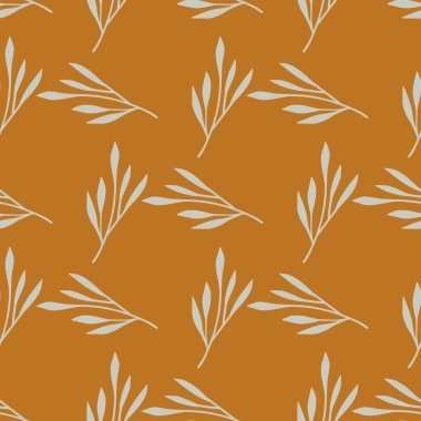 Açık mavi yaprak siluetleri botanik tarzında kusursuz desenler. Yeşillik arkaplan. Turuncu hardallı arka plan. Mevsimlik tekstil baskıları, kumaş, afişler, arkaplanlar ve duvar kağıtları için vektör illüstrasyonu.